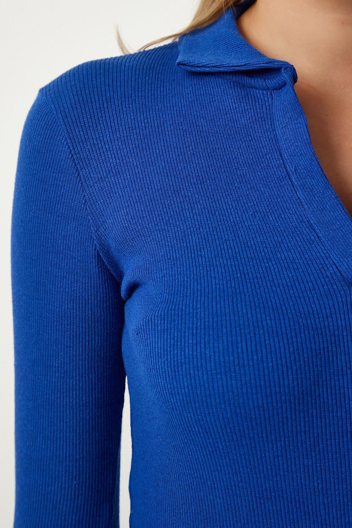 Blue Polo Neck Fitted Blouse, DARK BLUE, large image number 3