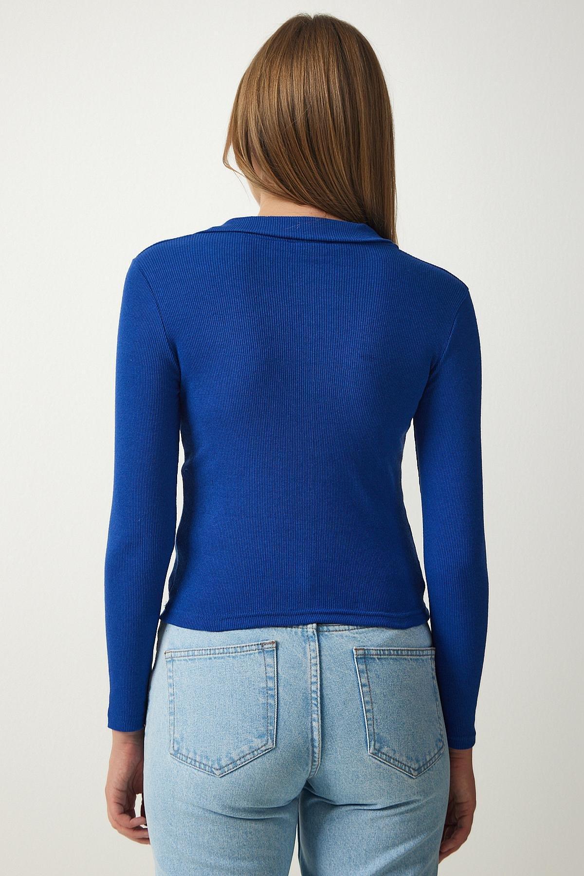 Blue Polo Neck Fitted Blouse, DARK BLUE, large image number 4