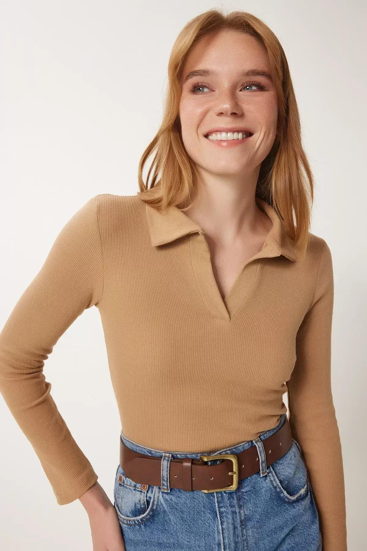 Beige Polo Neck Fitted Blouse, BISCUIT, medium