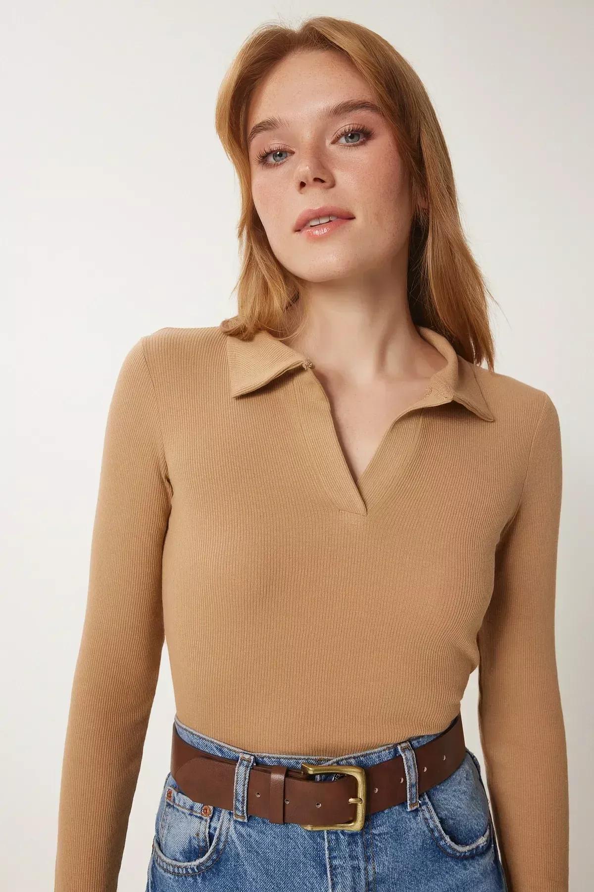 Beige Polo Neck Fitted Blouse, BISCUIT, large image number 1