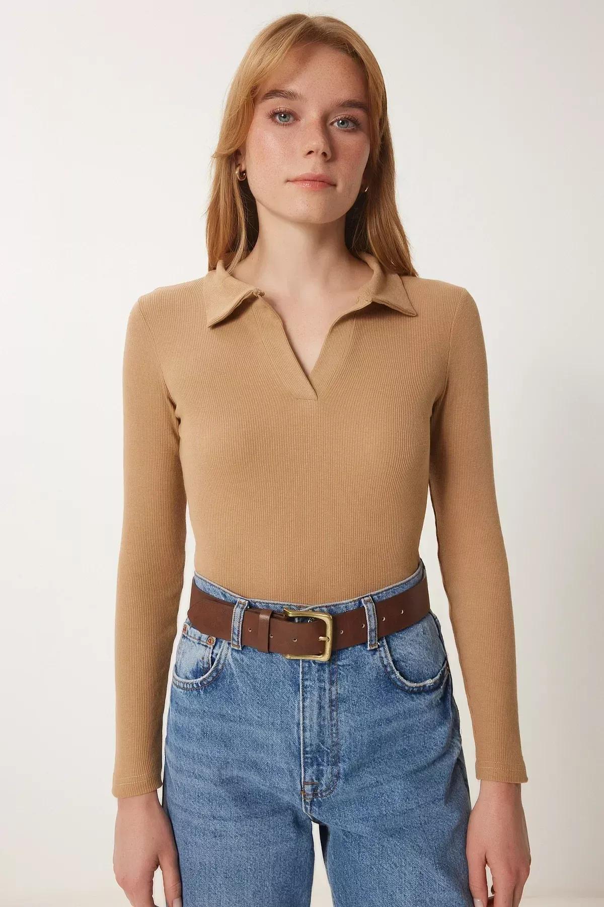 Beige Polo Neck Fitted Blouse, BISCUIT, large image number 2