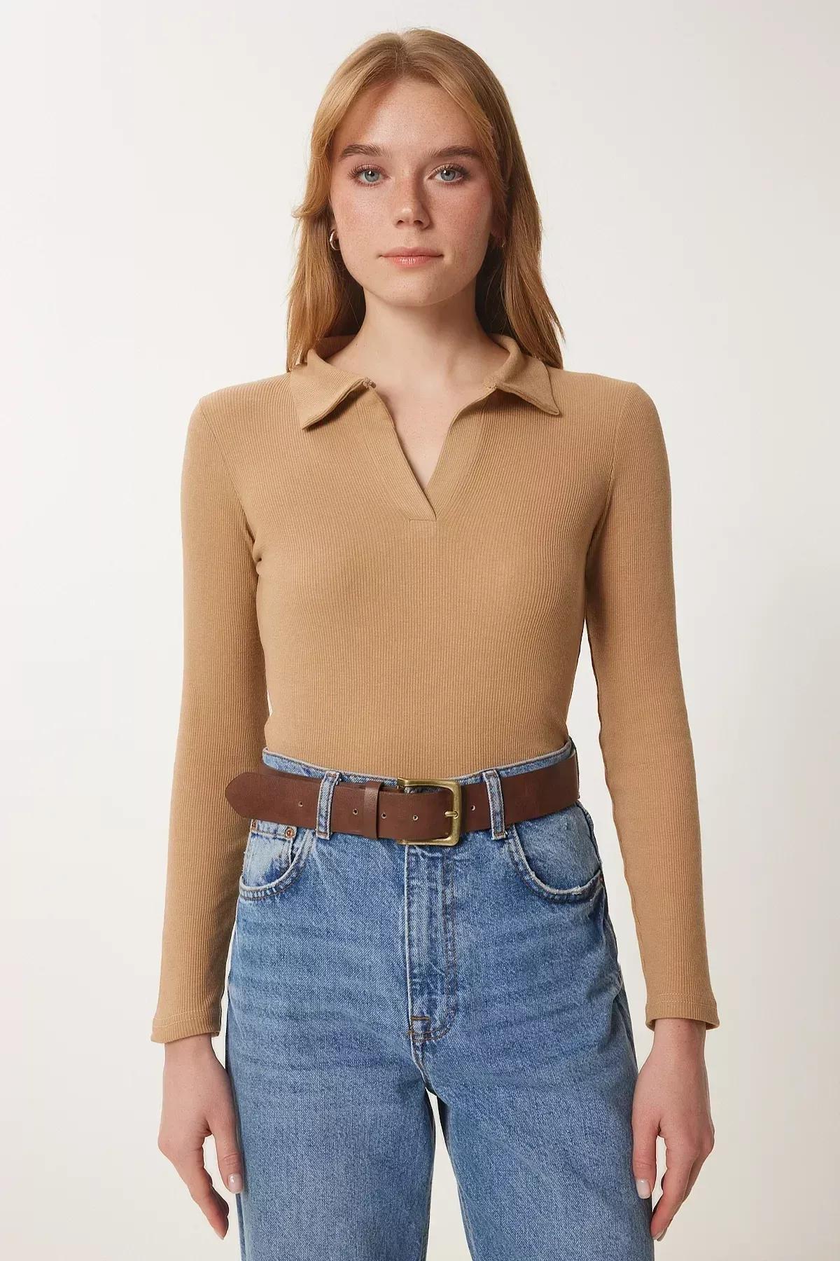 Beige Polo Neck Fitted Blouse, BISCUIT, large image number 3