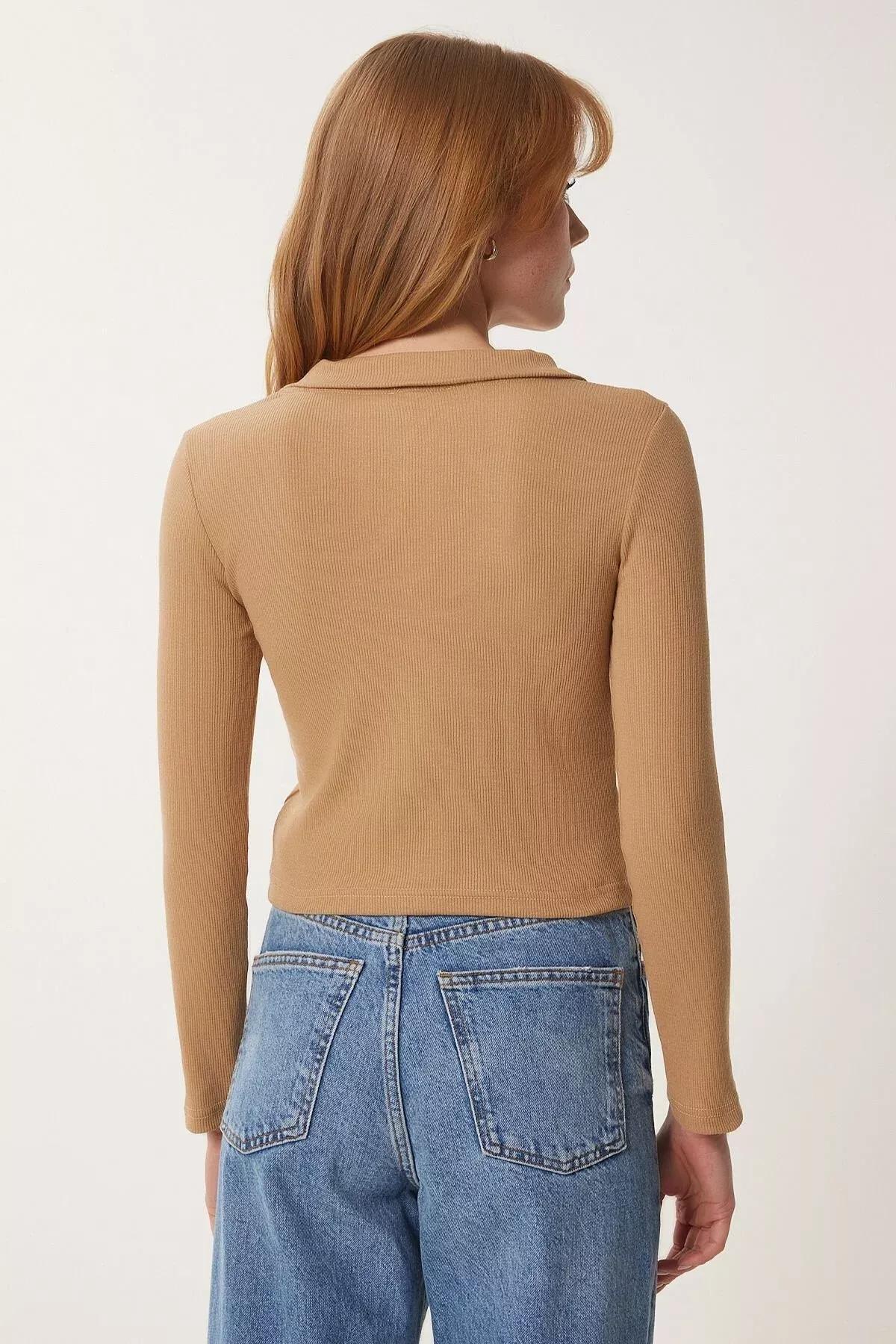 Beige Polo Neck Fitted Blouse, BISCUIT, large image number 4