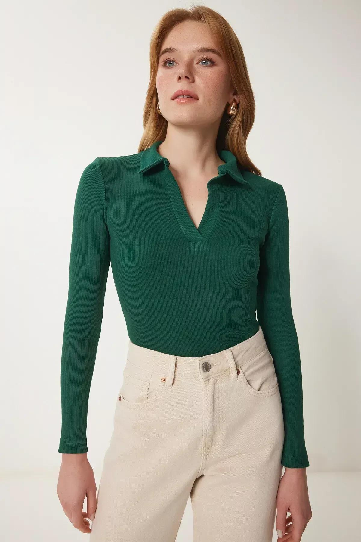 بلوزة بقصة ضيقة وياقة بولو، أخضر, Green, large image number 2