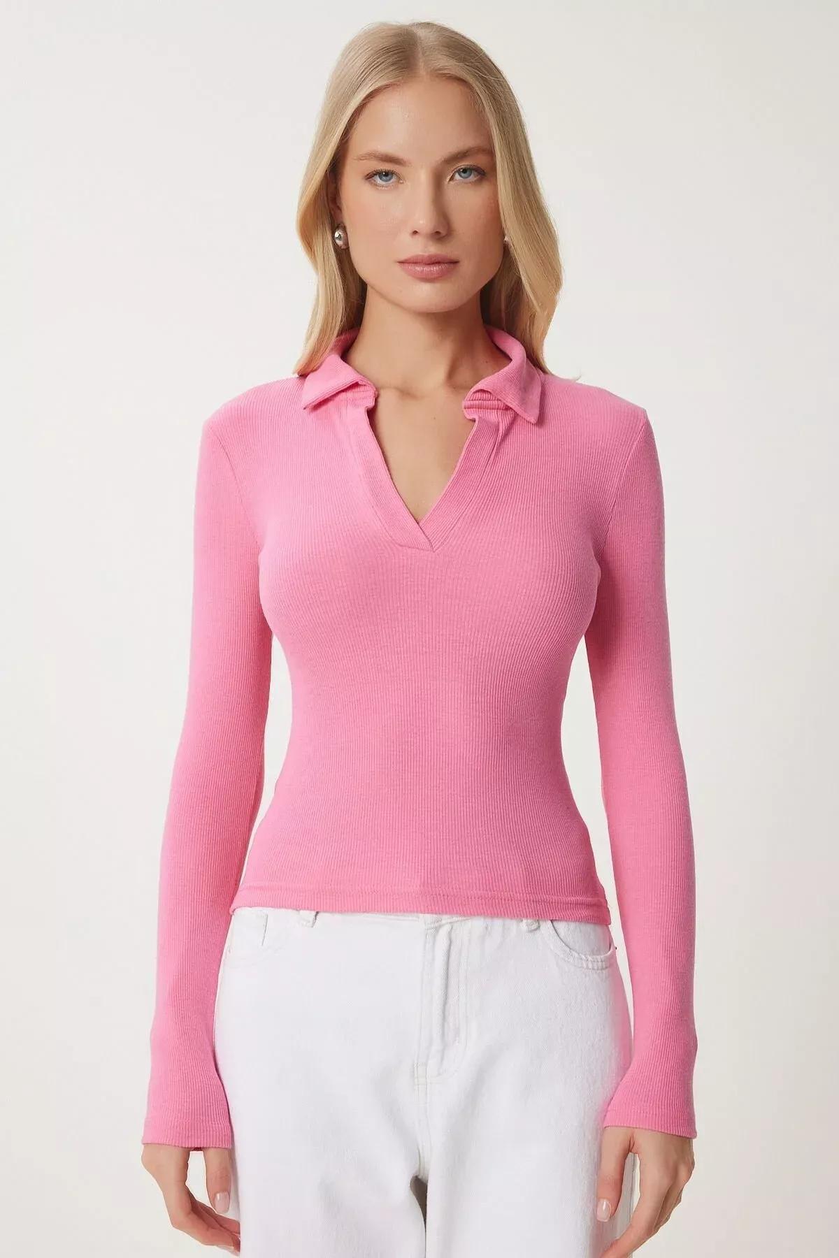 Pink Polo Neck Fitted Top, Pink, large image number 3