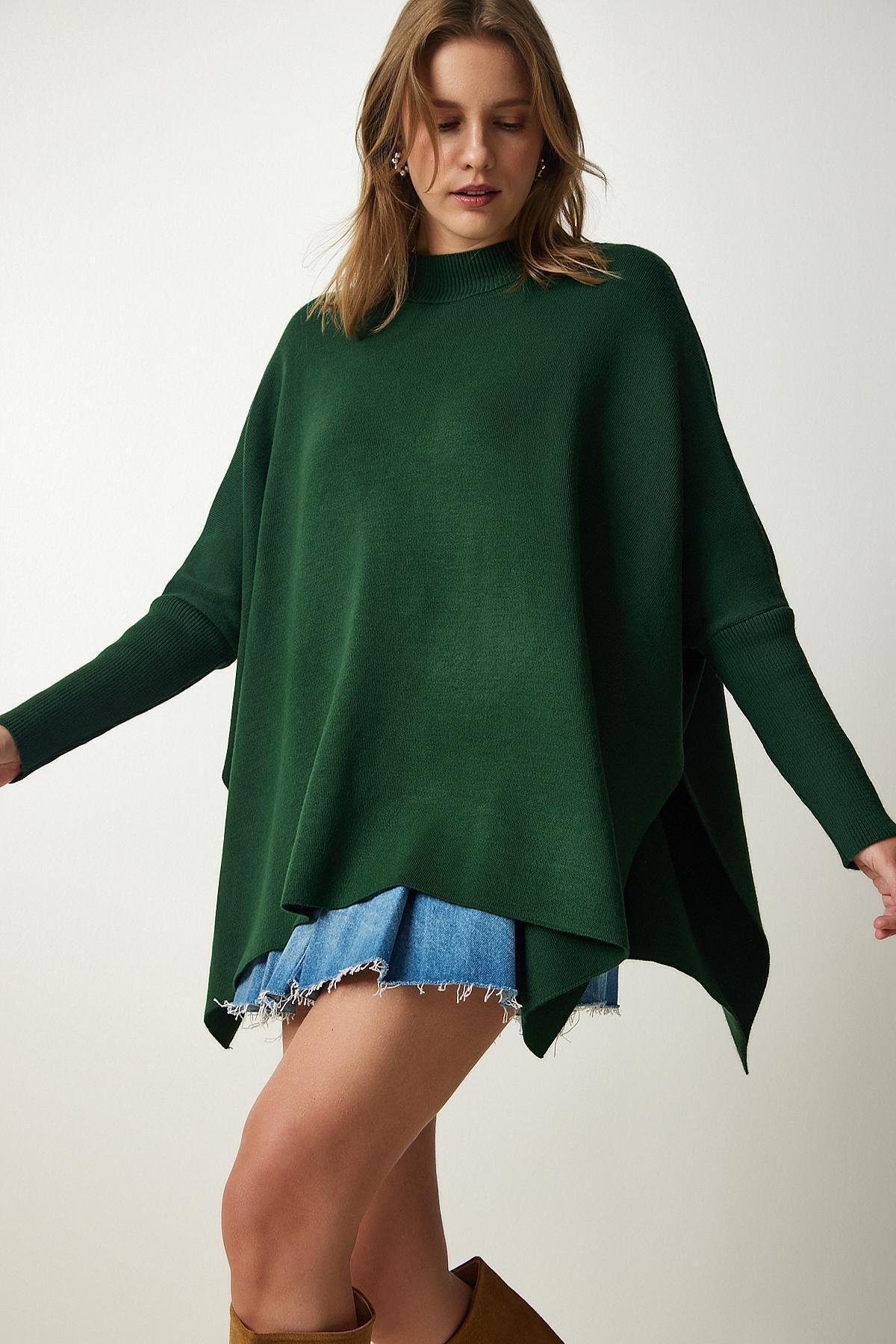Green Side Slit Oversize Poncho Sweater, C101_1583, large image number 0