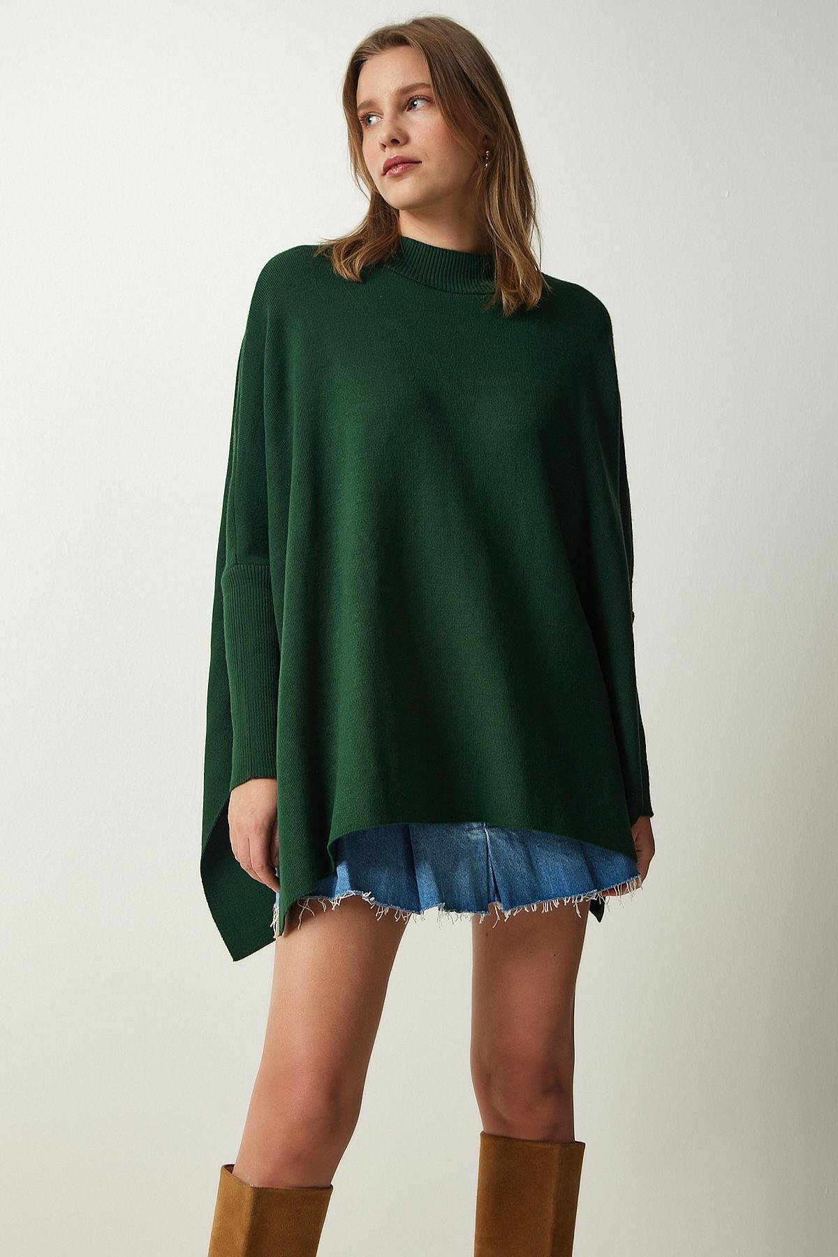 Green Side Slit Oversize Poncho Sweater, C101_1583, large image number 1