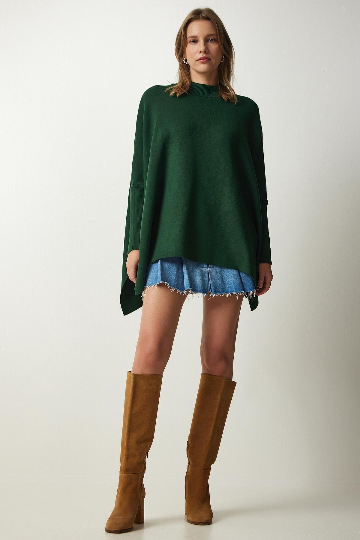 Green Side Slit Oversize Poncho Sweater, C101_1583, large image number 2