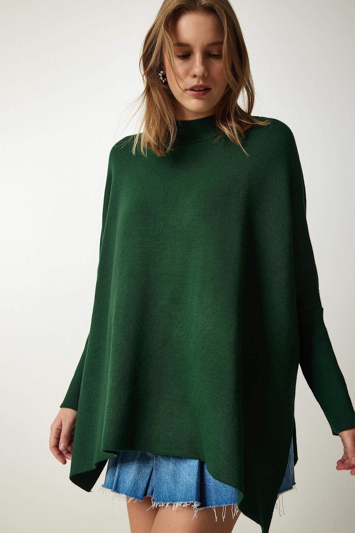 Green Side Slit Oversize Poncho Sweater, C101_1583, large image number 3