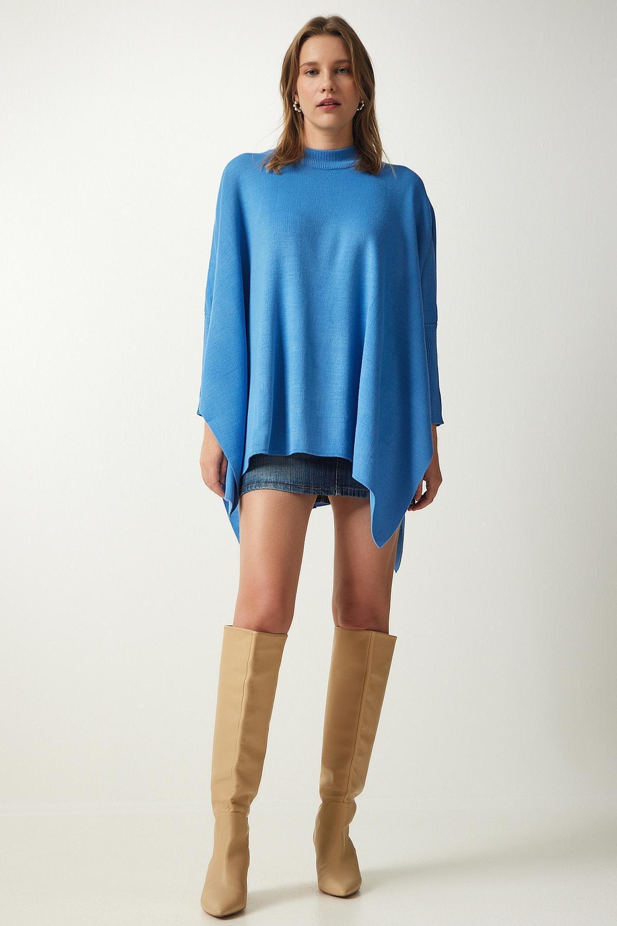 Blue Side Slit Oversize Poncho Sweater, INDIGO BLUE, large image number 1