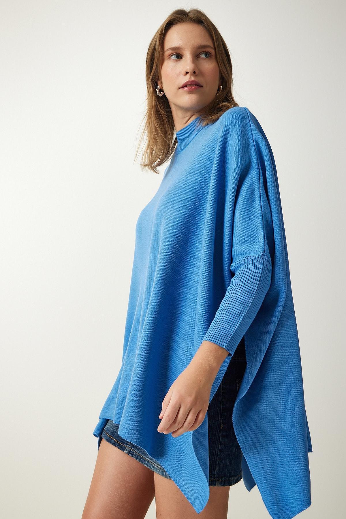 Blue Side Slit Oversize Poncho Sweater, INDIGO BLUE, large image number 2