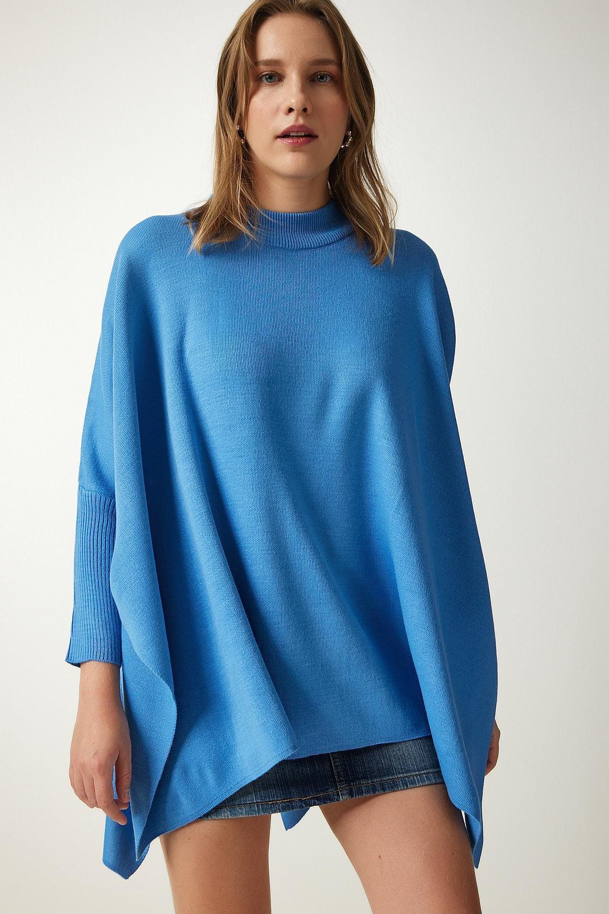Blue Side Slit Oversize Poncho Sweater, INDIGO BLUE, large image number 3