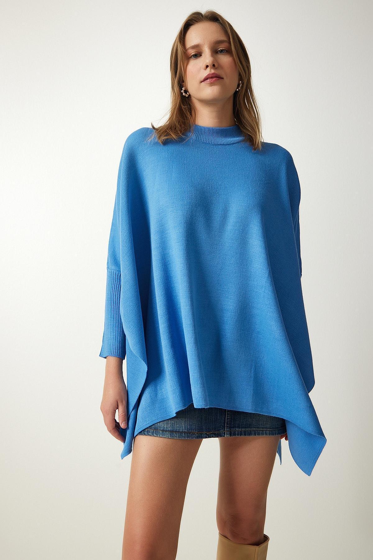 Blue Side Slit Oversize Poncho Sweater, INDIGO BLUE, large image number 4