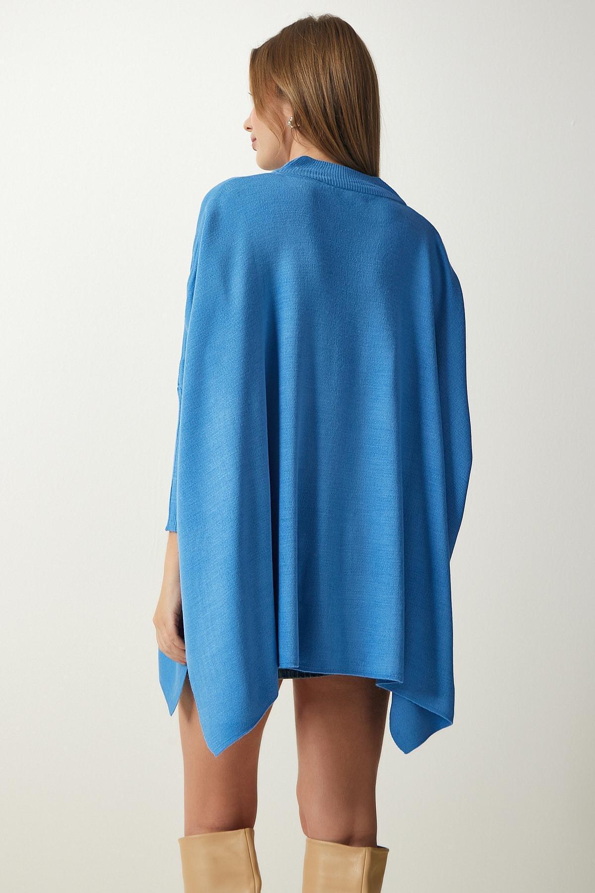 Blue Side Slit Oversize Poncho Sweater, INDIGO BLUE, large image number 6