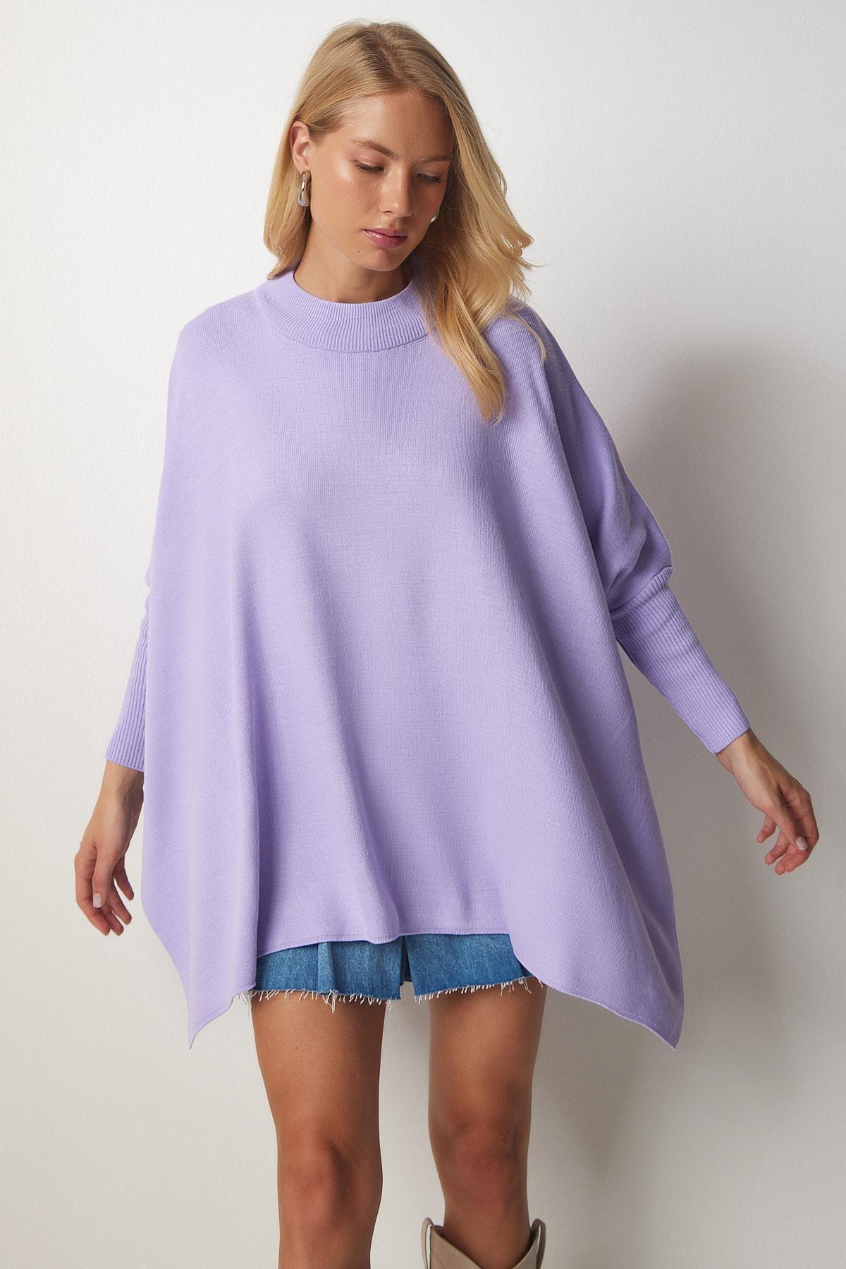 Purple Side Slits Oversized Poncho Sweater, Lilac, large image number 0
