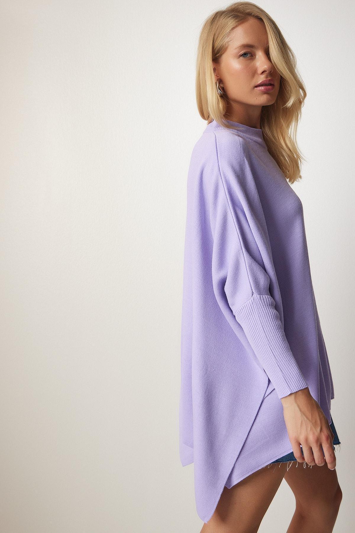 Purple Side Slits Oversized Poncho Sweater, Lilac, large image number 1