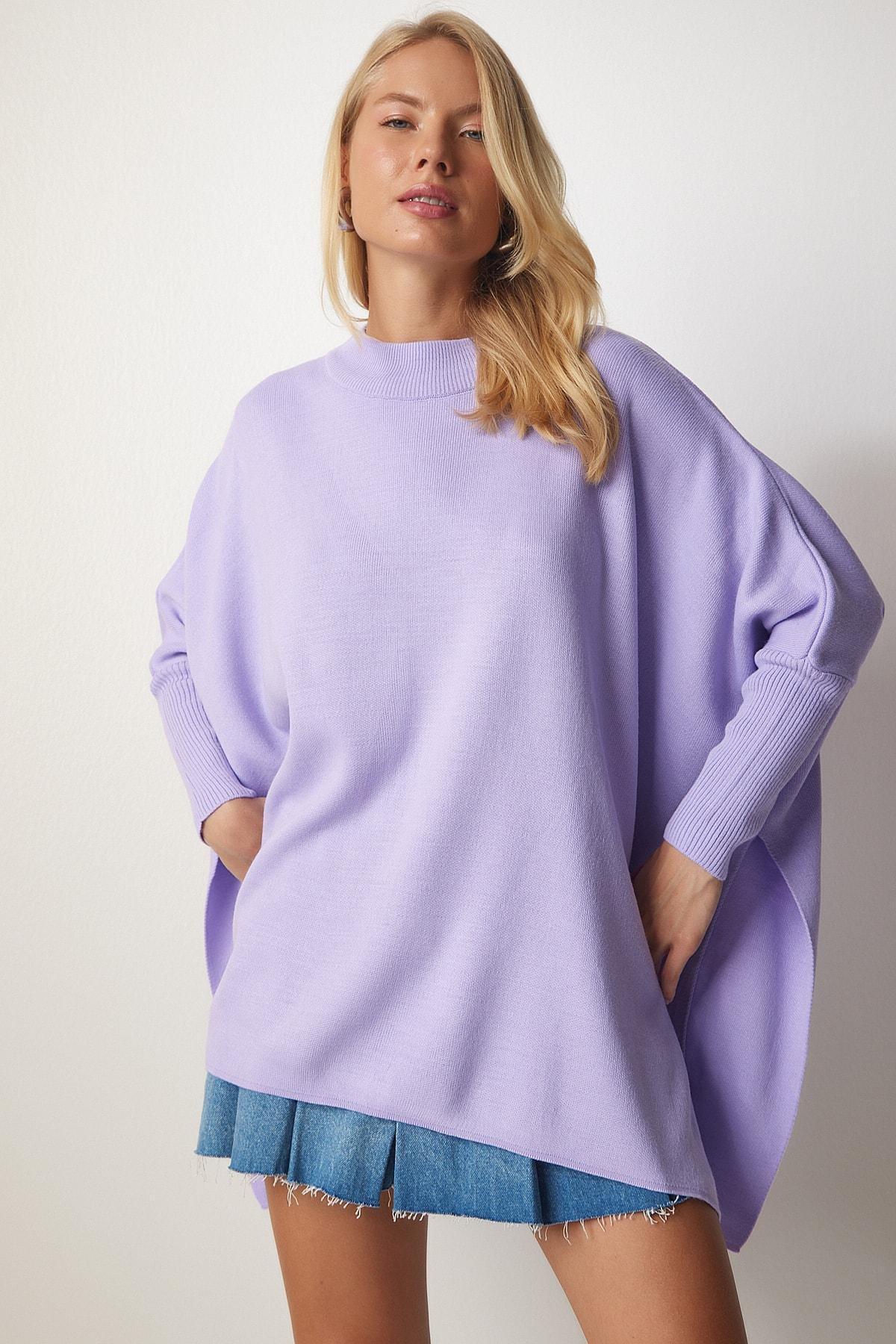 Purple Side Slits Oversized Poncho Sweater, Lilac, large image number 2