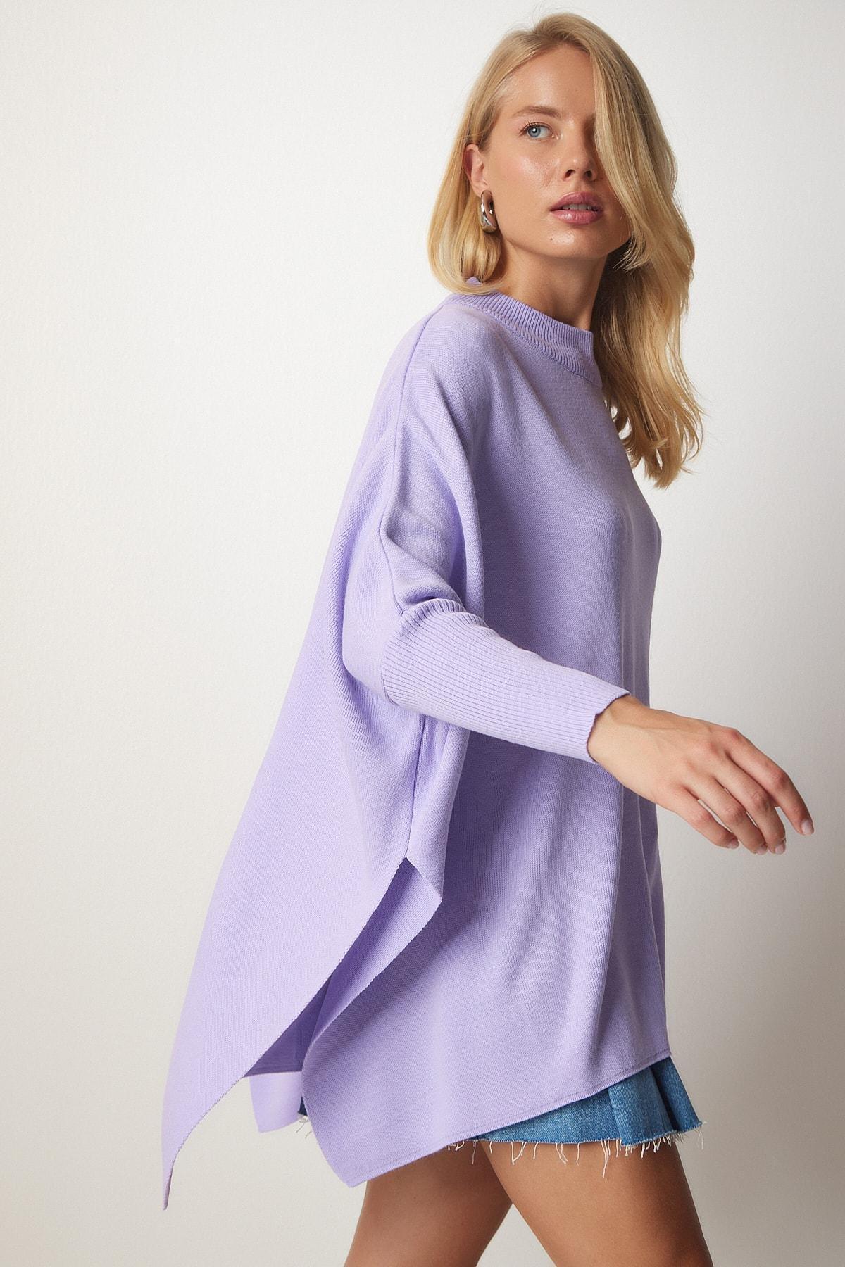 Purple Side Slits Oversized Poncho Sweater, Lilac, large image number 3