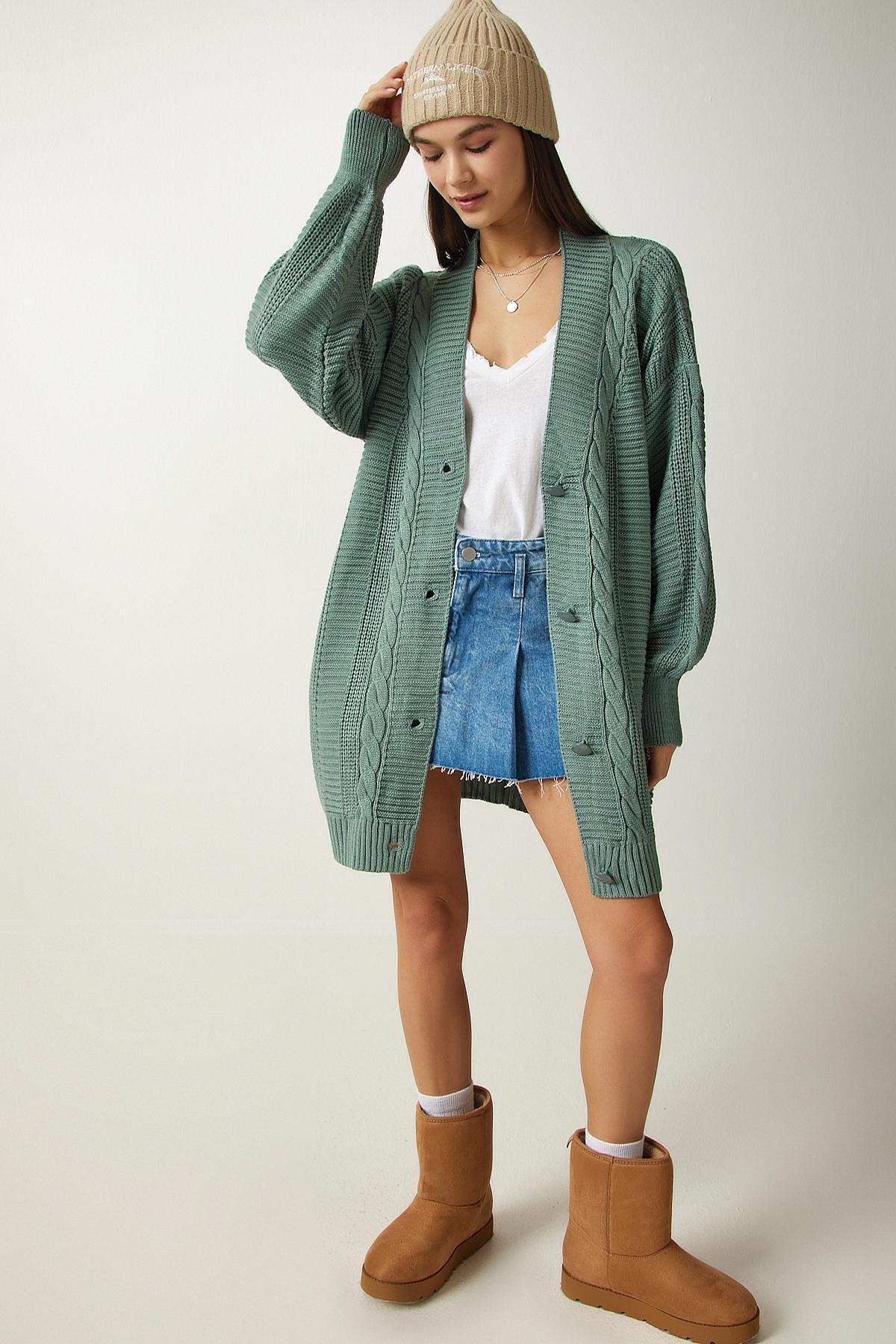 Green Balloon Sleeve Knitwear Cardigan, C101_2444, large image number 0