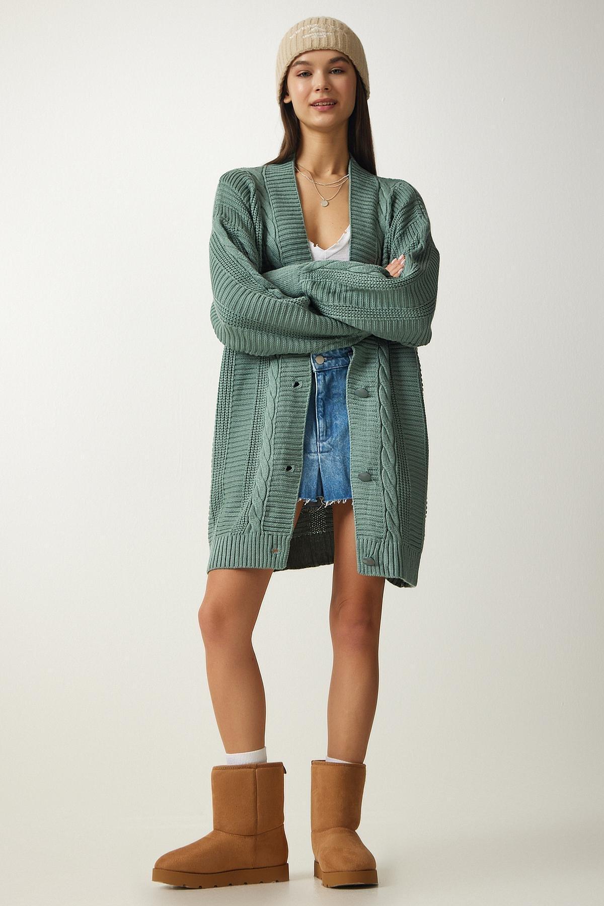 Green Balloon Sleeve Knitwear Cardigan, C101_2444, large image number 1
