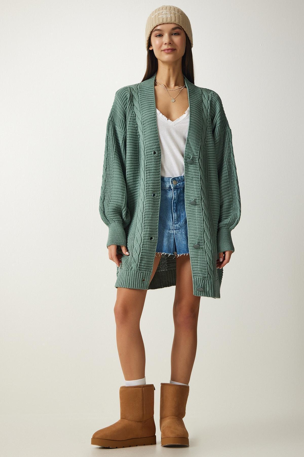 Green Balloon Sleeve Knitwear Cardigan, C101_2444, large image number 2