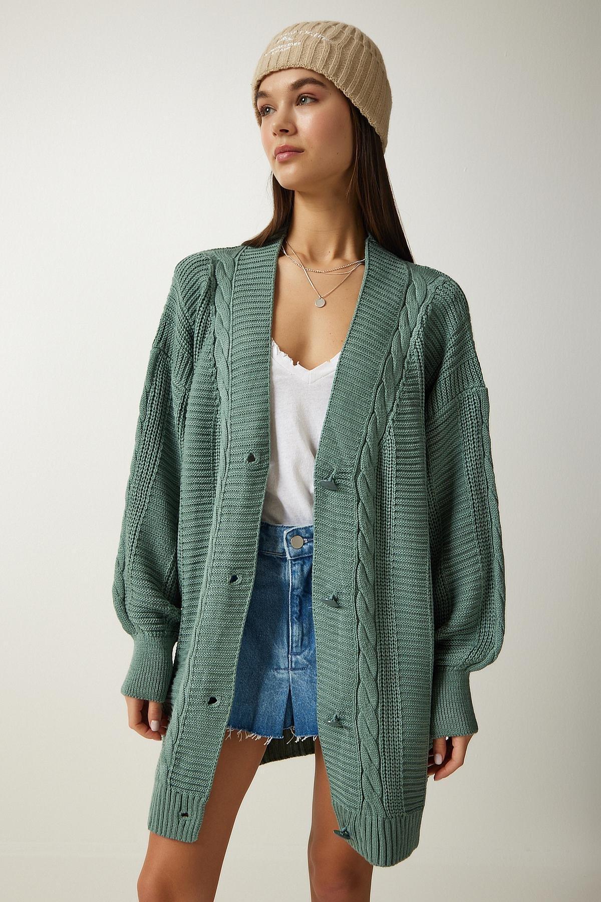 Green Balloon Sleeve Knitwear Cardigan, C101_2444, large image number 3