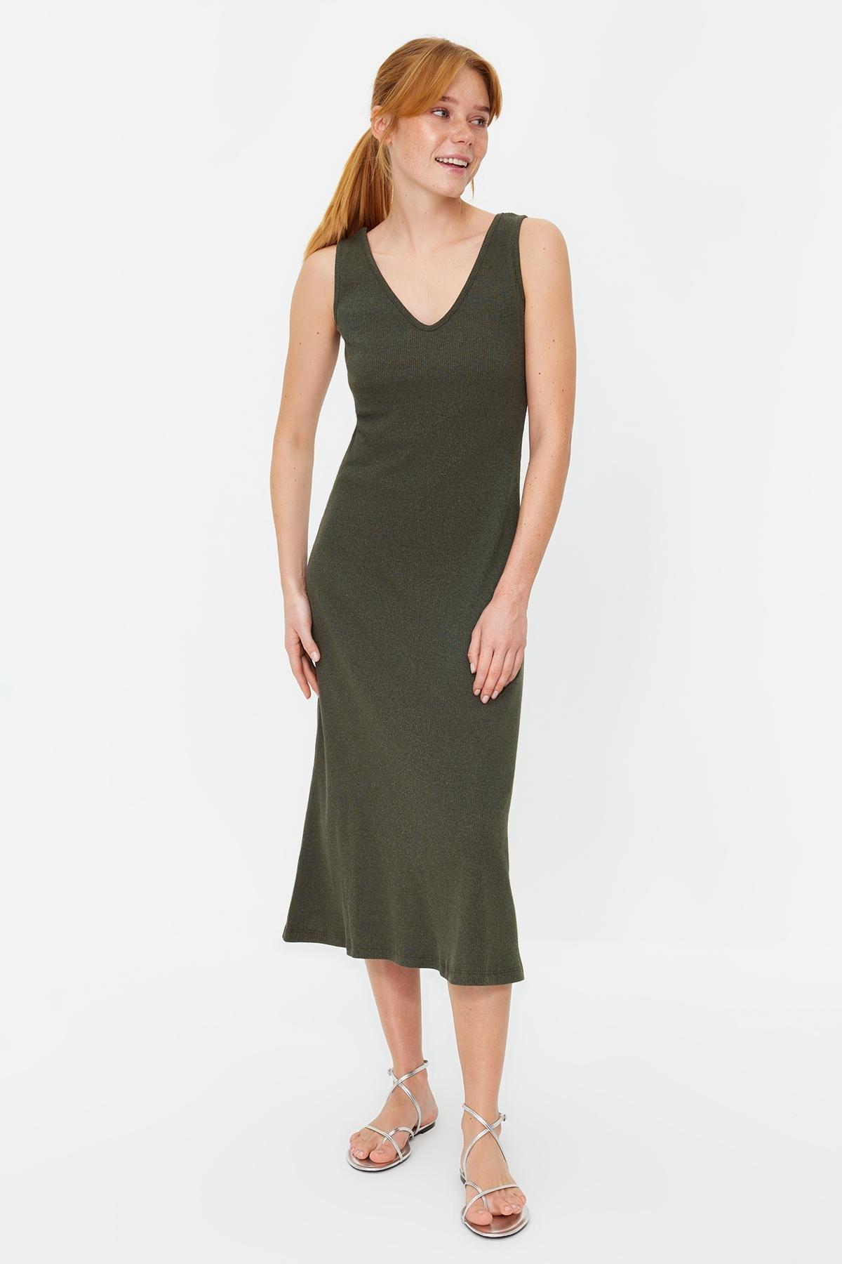 Khaki Ribbed A-Line Midi Knitted Dress, , large image number 0