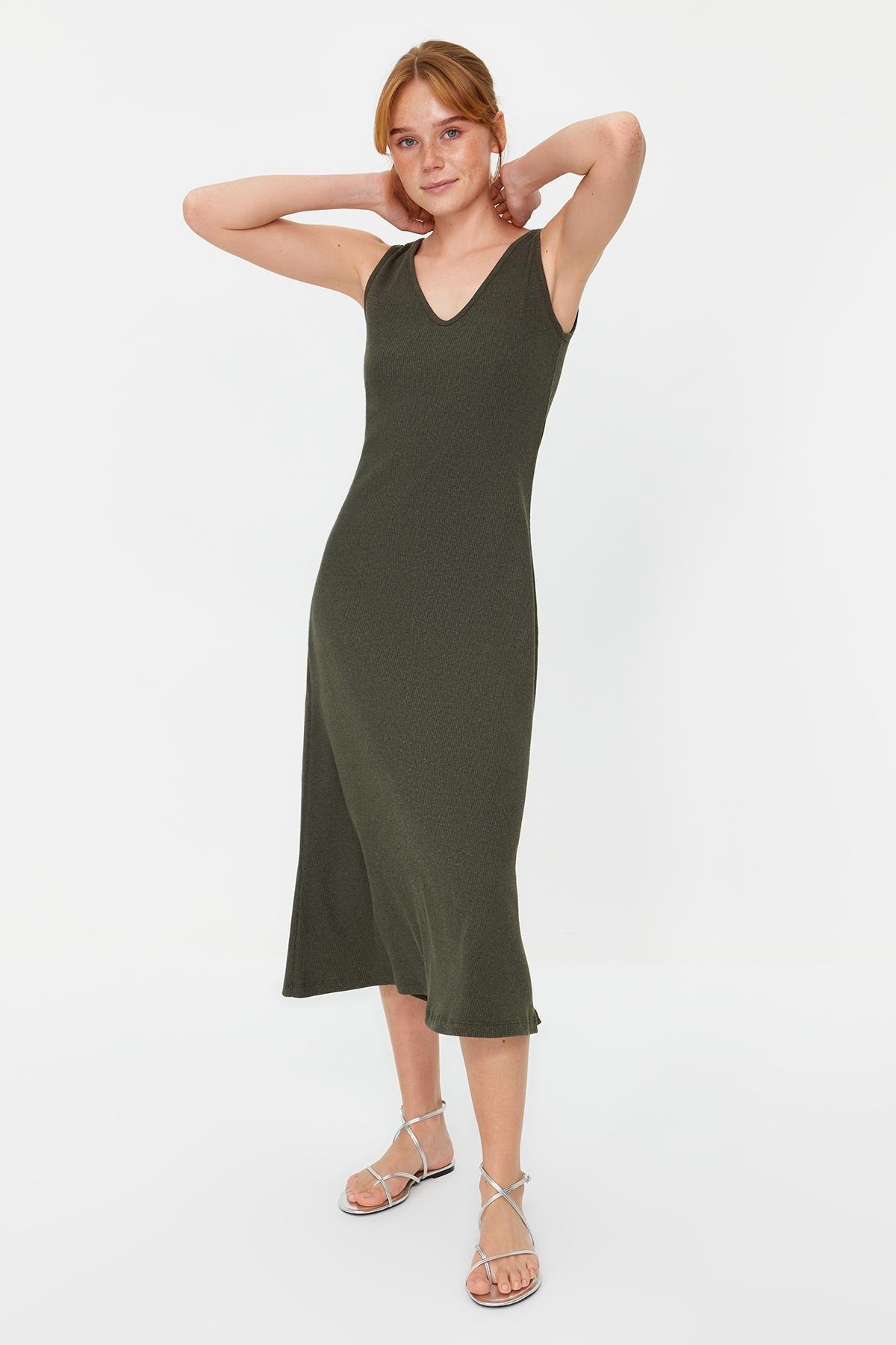 Khaki Ribbed A-Line Midi Knitted Dress, , large image number 1