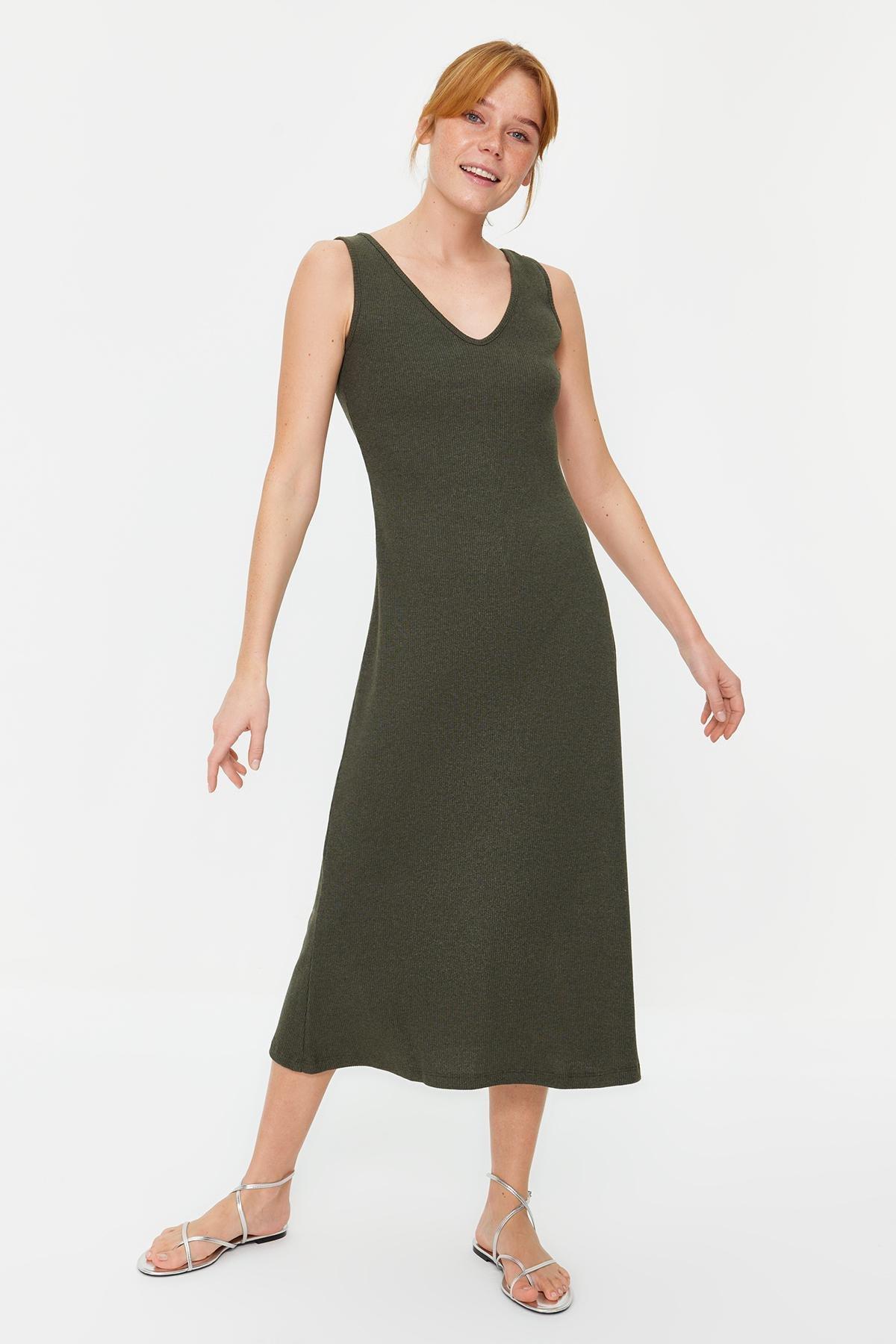Khaki Ribbed A-Line Midi Knitted Dress, , large image number 2