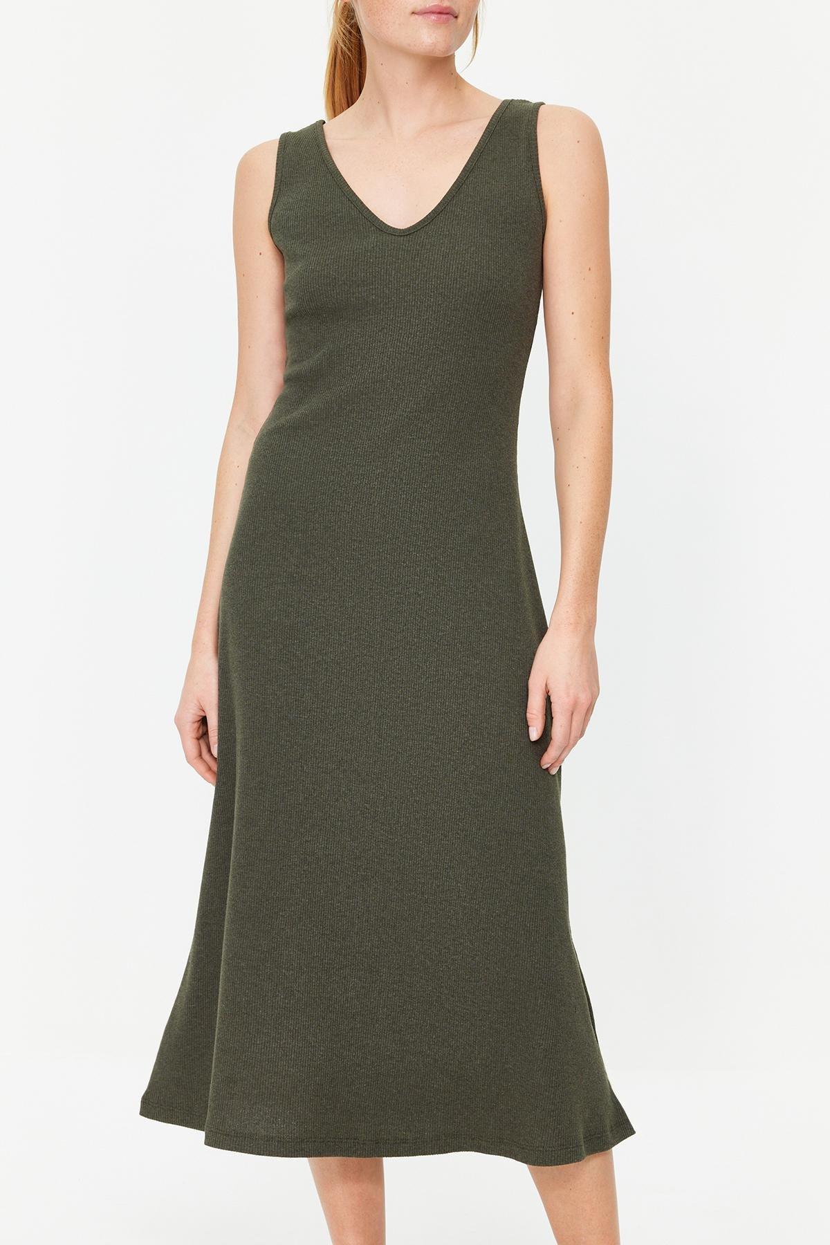 Khaki Ribbed A-Line Midi Knitted Dress, , large image number 3