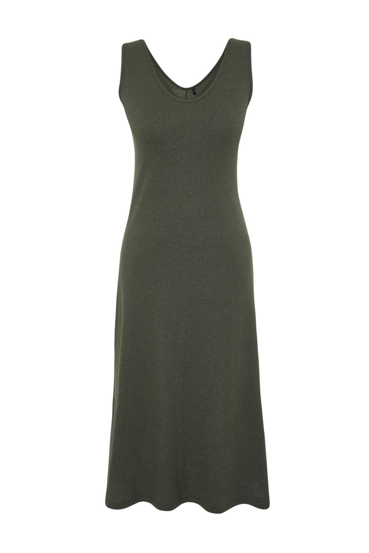 Khaki Ribbed A-Line Midi Knitted Dress, , large image number 5