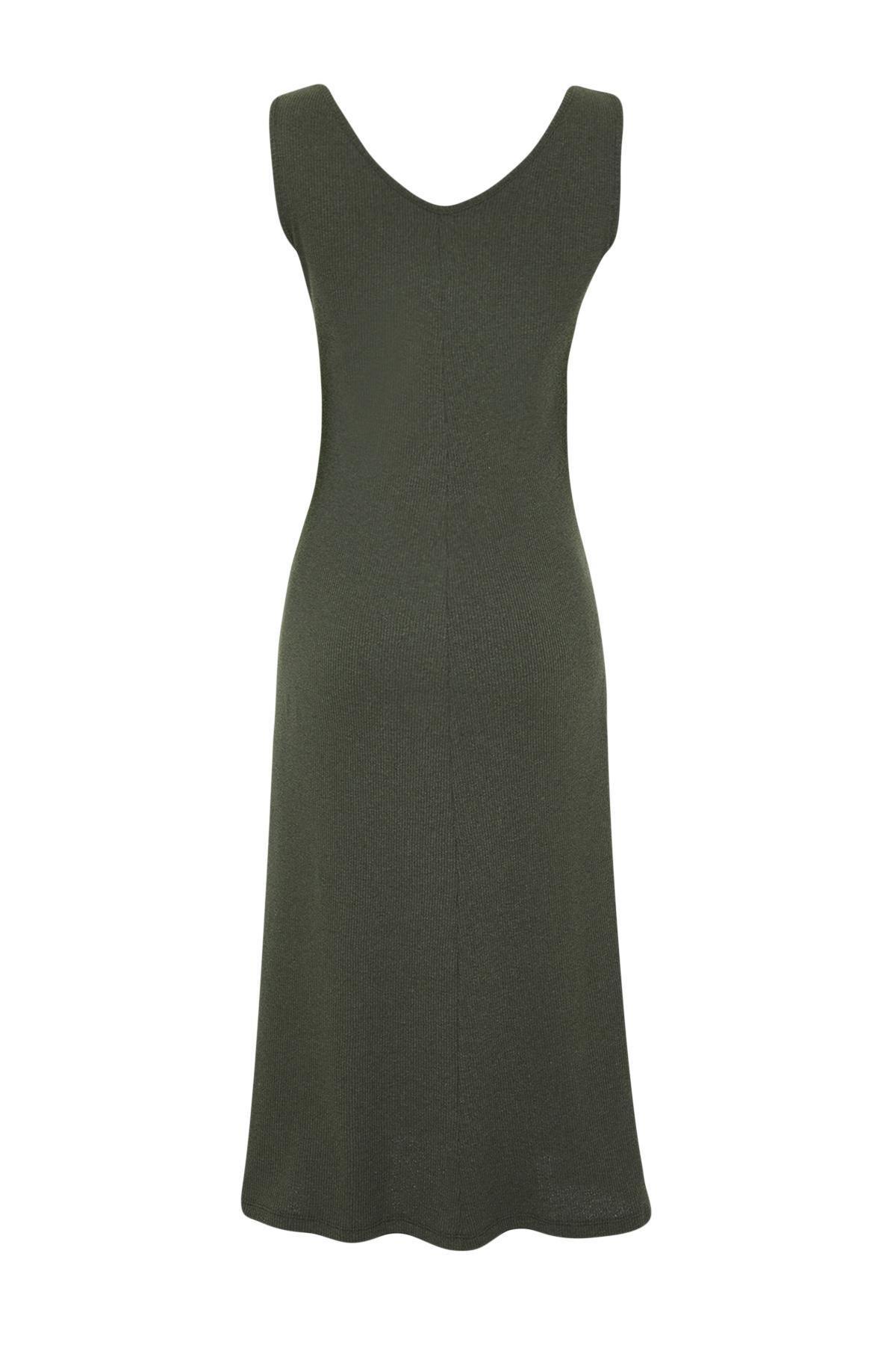 Khaki Ribbed A-Line Midi Knitted Dress, , large image number 6