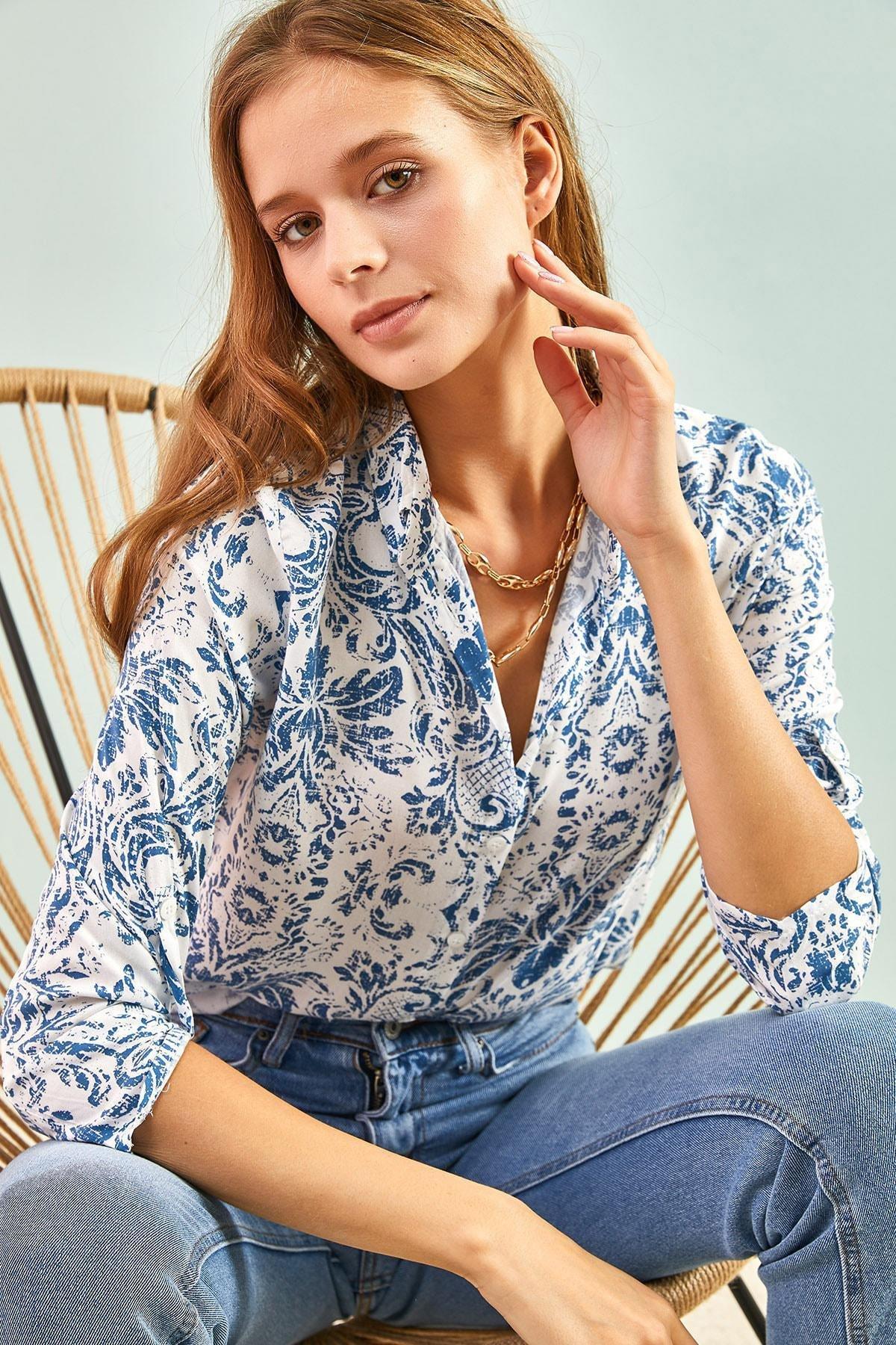 Green Patterned Viscose Shirt, TURQUOISE, large image number 4