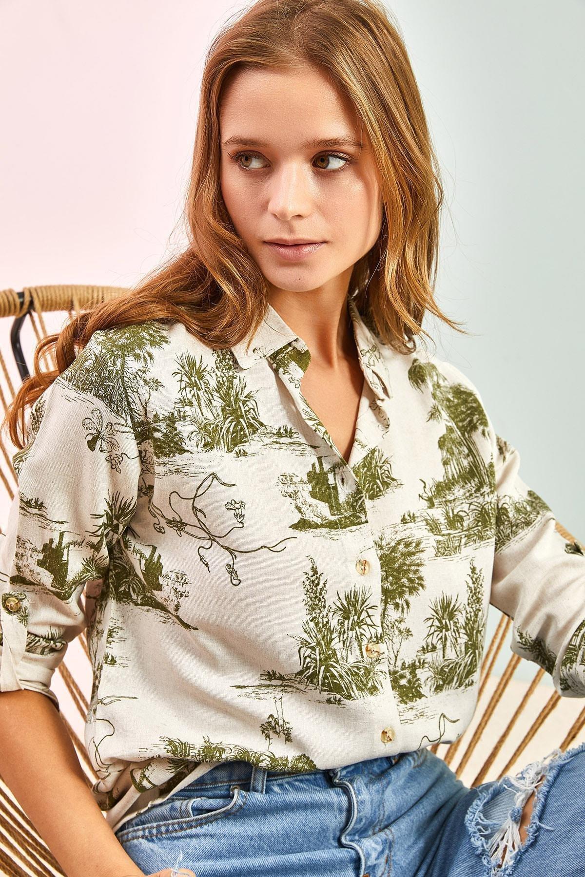 Khaki Forest Illustration Linen Shirt, , large image number 3