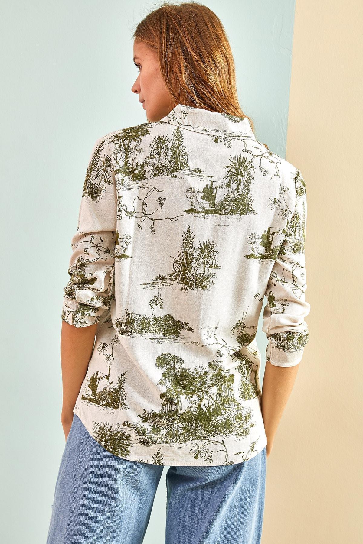 Khaki Forest Illustration Linen Shirt, , large image number 4