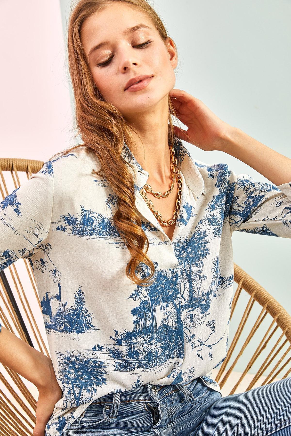 Blue Forest Illustration Linen Shirt, Blue, large image number 4