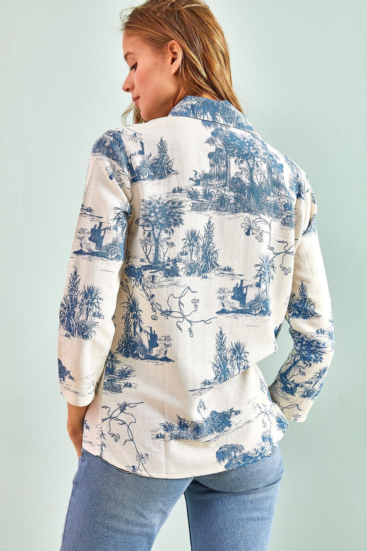 Blue Forest Illustration Linen Shirt, Blue, large image number 6