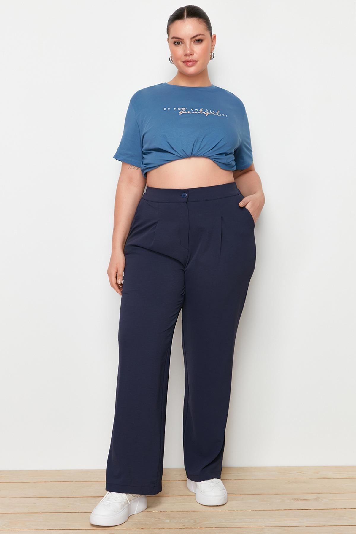 Blue Loose Plus Size Pants, , large image number 1