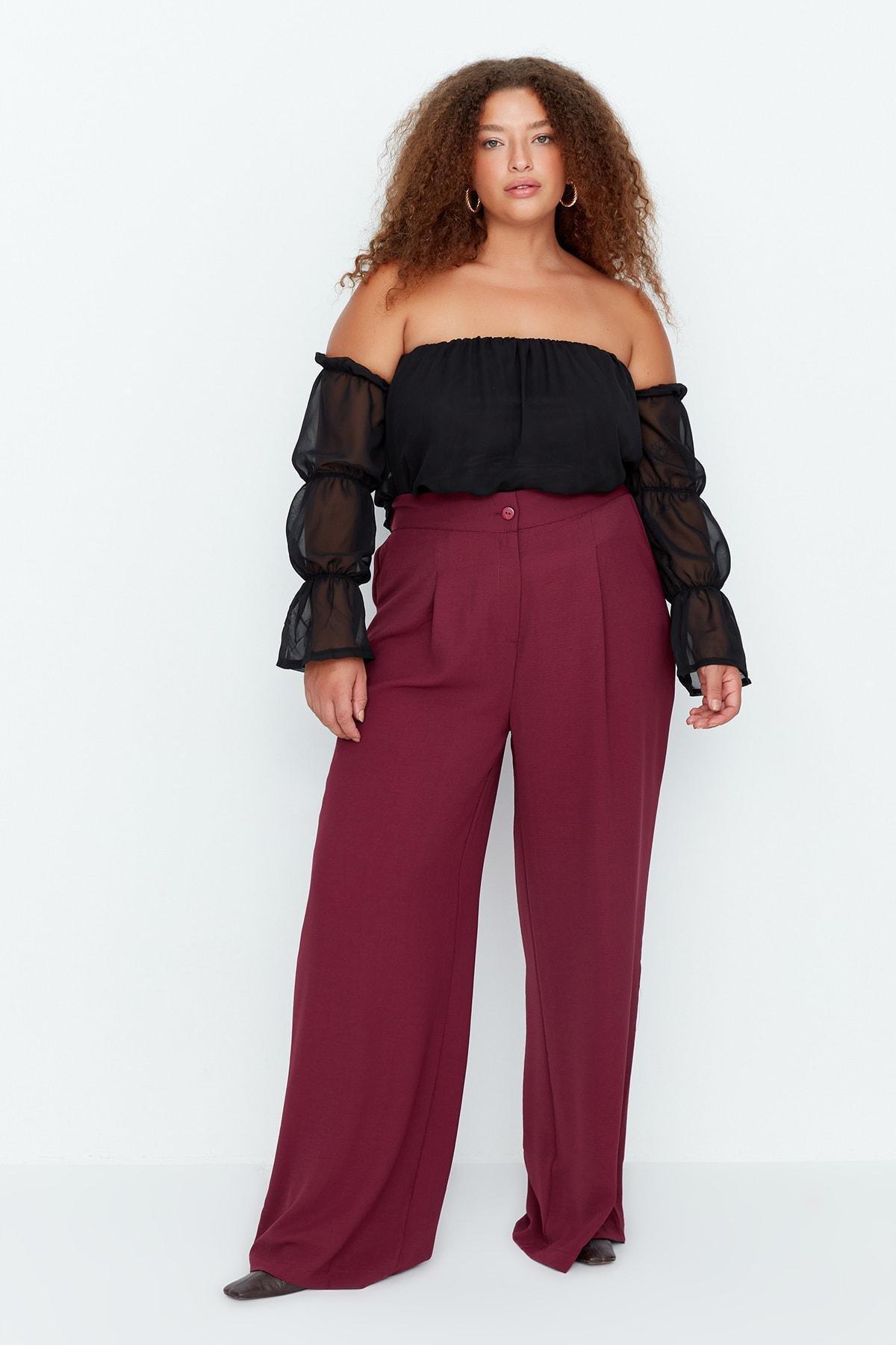 Burgundy Loose Plus Size Pants, , large image number 0
