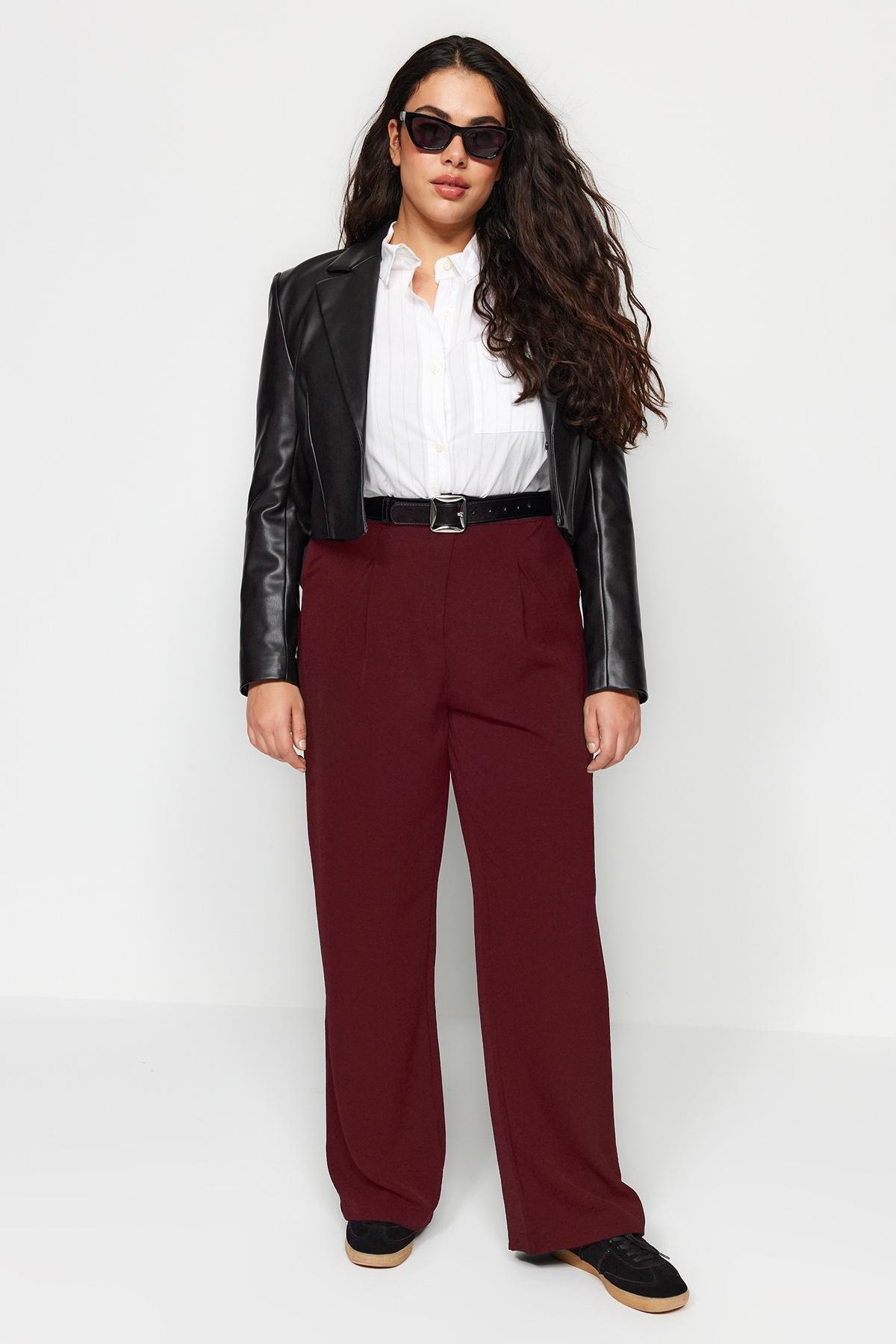 Burgundy Loose Plus Size Pants, , large image number 1