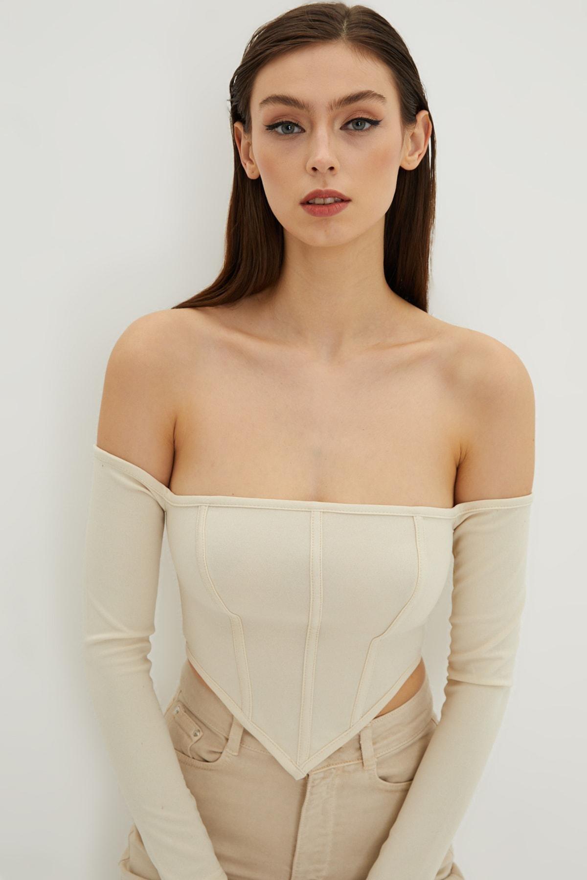Beige Fitted Bodycon Crop Top, VANILLA, large image number 0