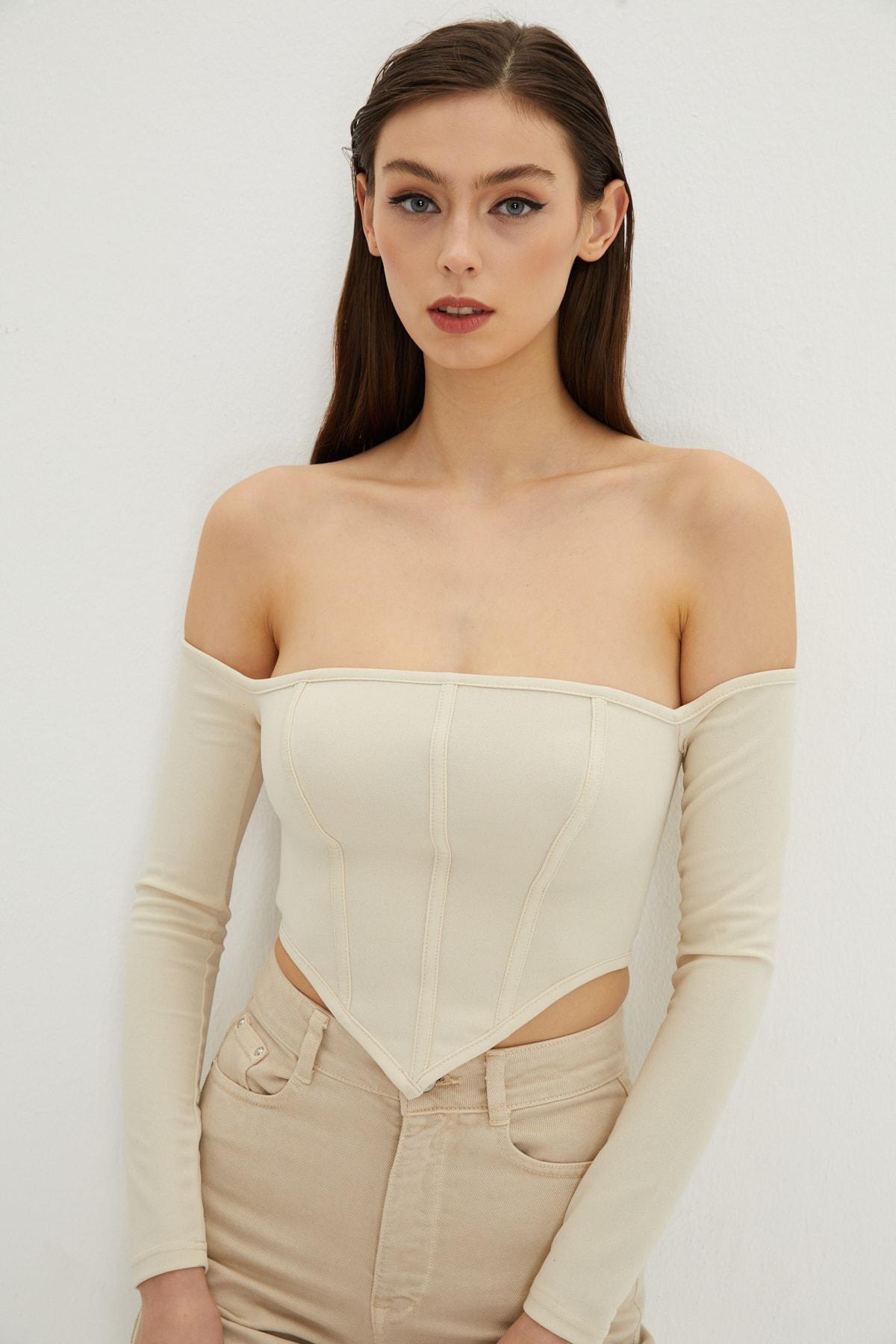 Beige Fitted Bodycon Crop Top, VANILLA, large image number 1