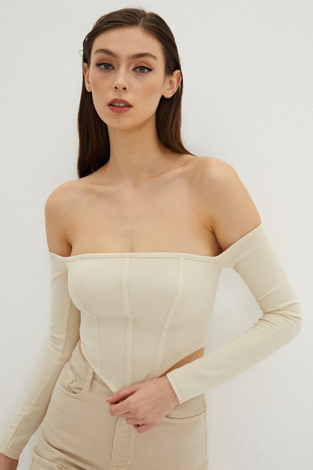 Beige Fitted Bodycon Crop Top, VANILLA, large image number 2