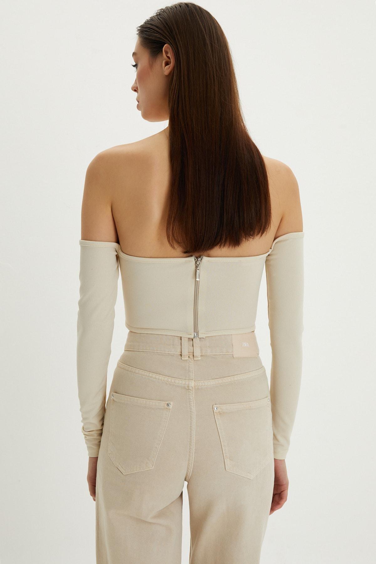 Beige Fitted Bodycon Crop Top, VANILLA, large image number 3