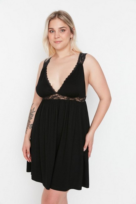 Trendyol - Black V-Neck Plus Size Nightgown, Set Of 2
