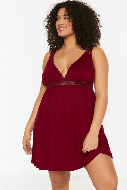 Trendyol - Burgundy Plus Size V Neck Nightgown, Set Of 2