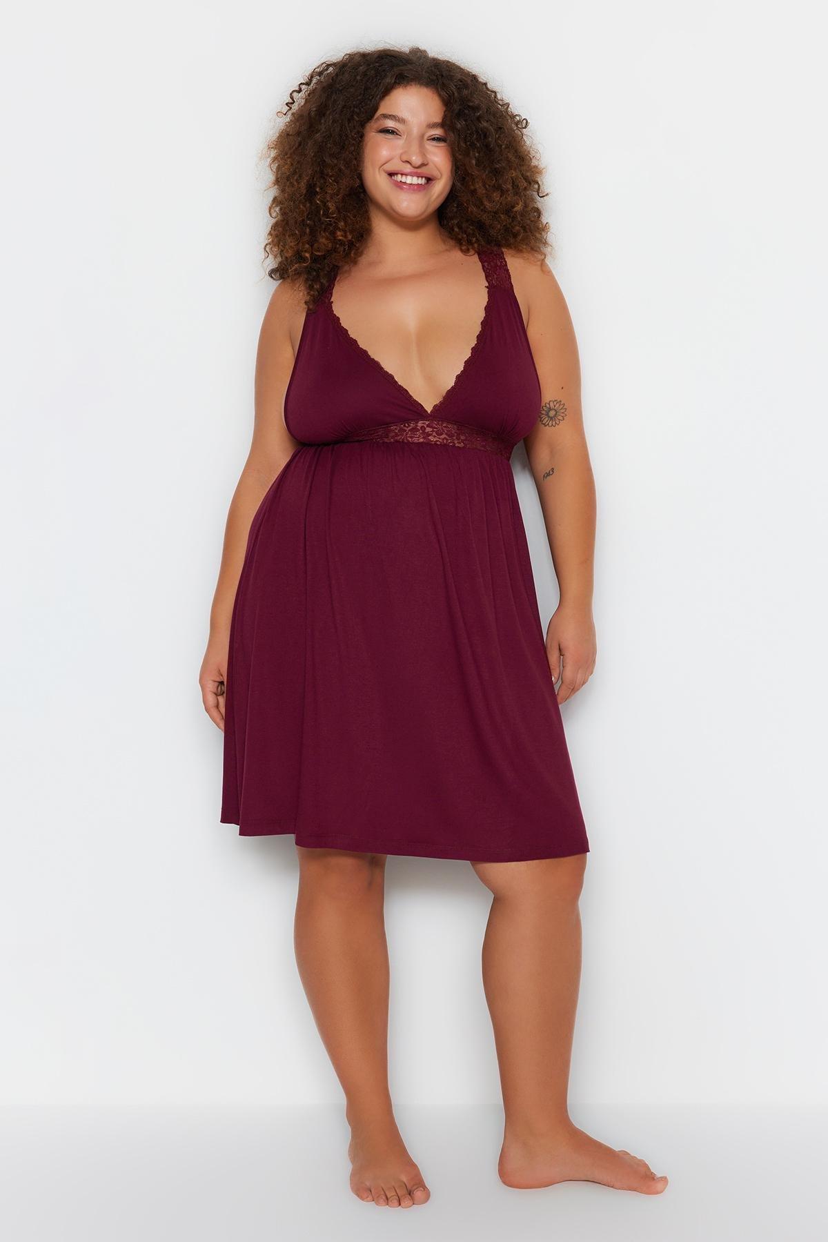 Burgundy Plus Size V Neck Nightgown, Set Of 2, , large image number 1