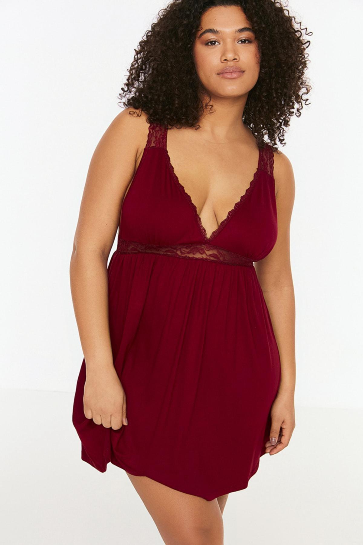 Burgundy Plus Size V Neck Nightgown, Set Of 2, , large image number 2