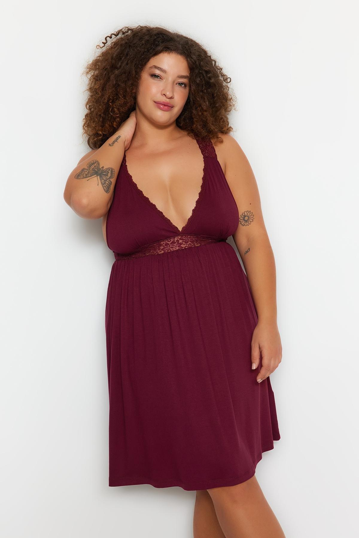 Trendyol - Burgundy Plus Size V Neck Nightgown, Set Of 2