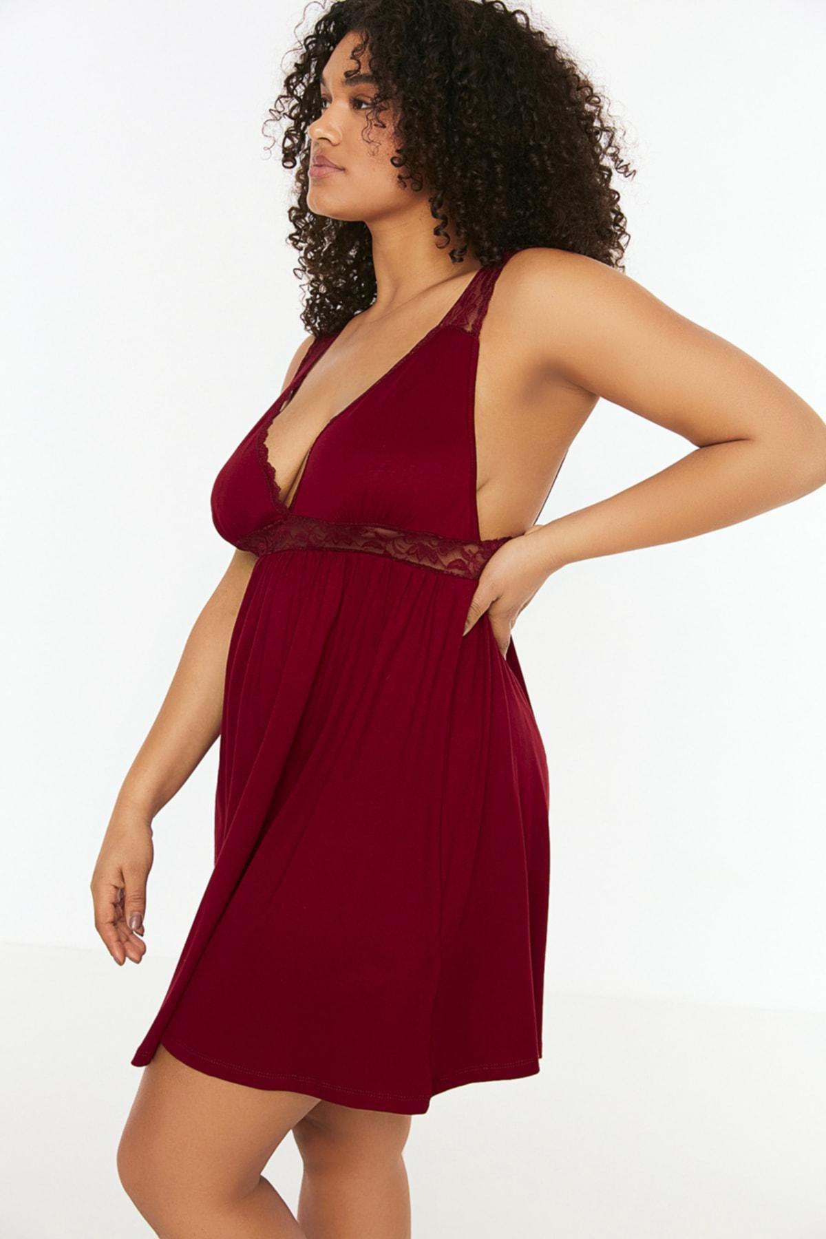 Trendyol - Burgundy Plus Size V Neck Nightgown, Set Of 2